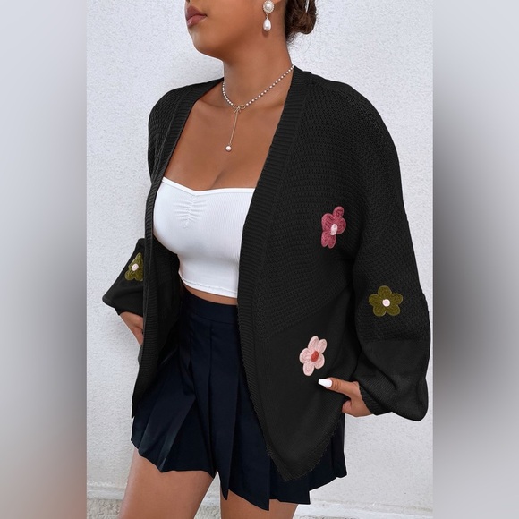 Sweaters - Flower Open Front Dropped Shoulder Cardigan